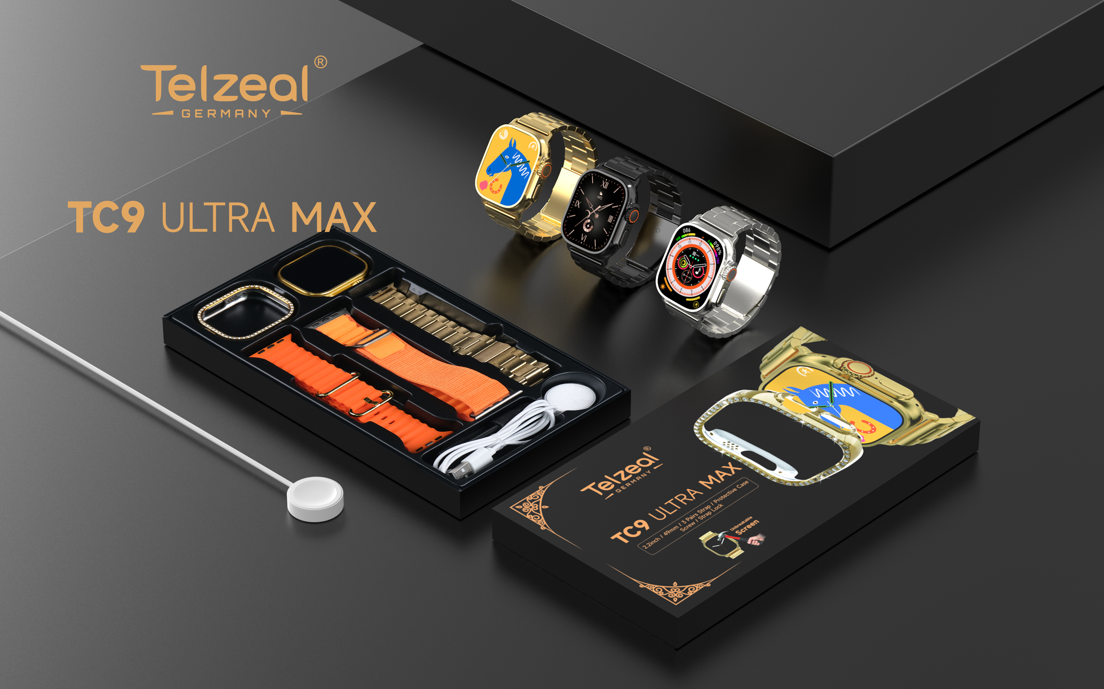Telzeal TC9 Ultra Max Smart Watch Golden Edition - 2.2-inches HD Display