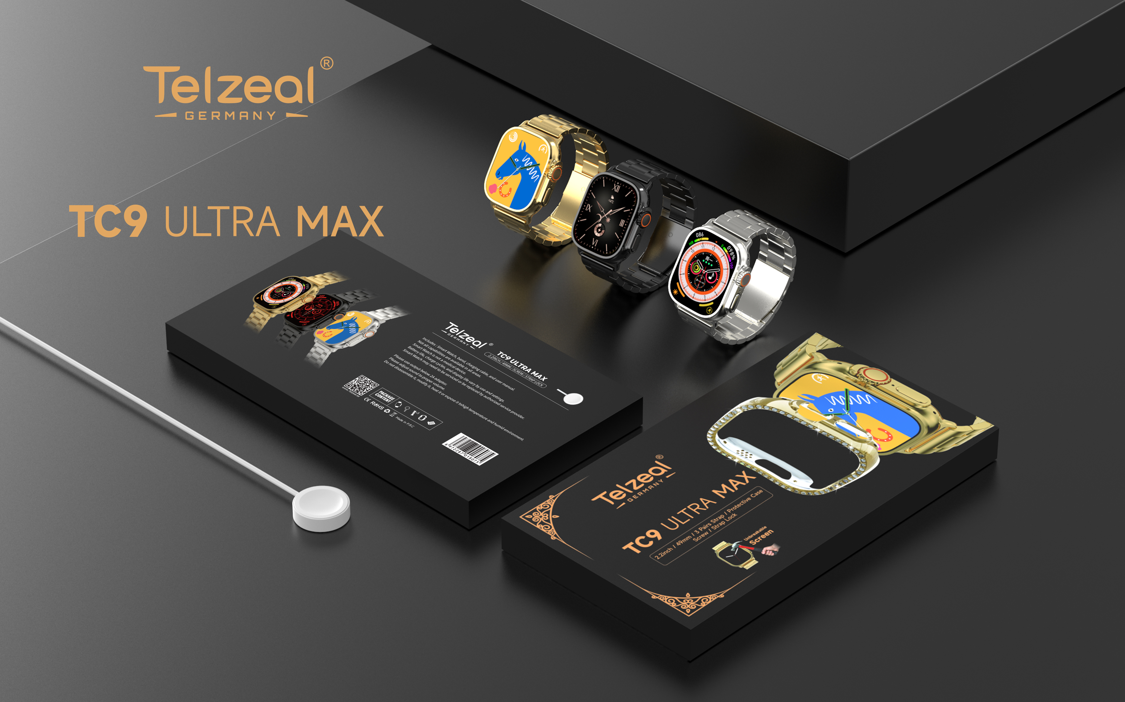 Telzeal TC9 Ultra Max Smart Watch Golden Edition : 3 Straps in 1