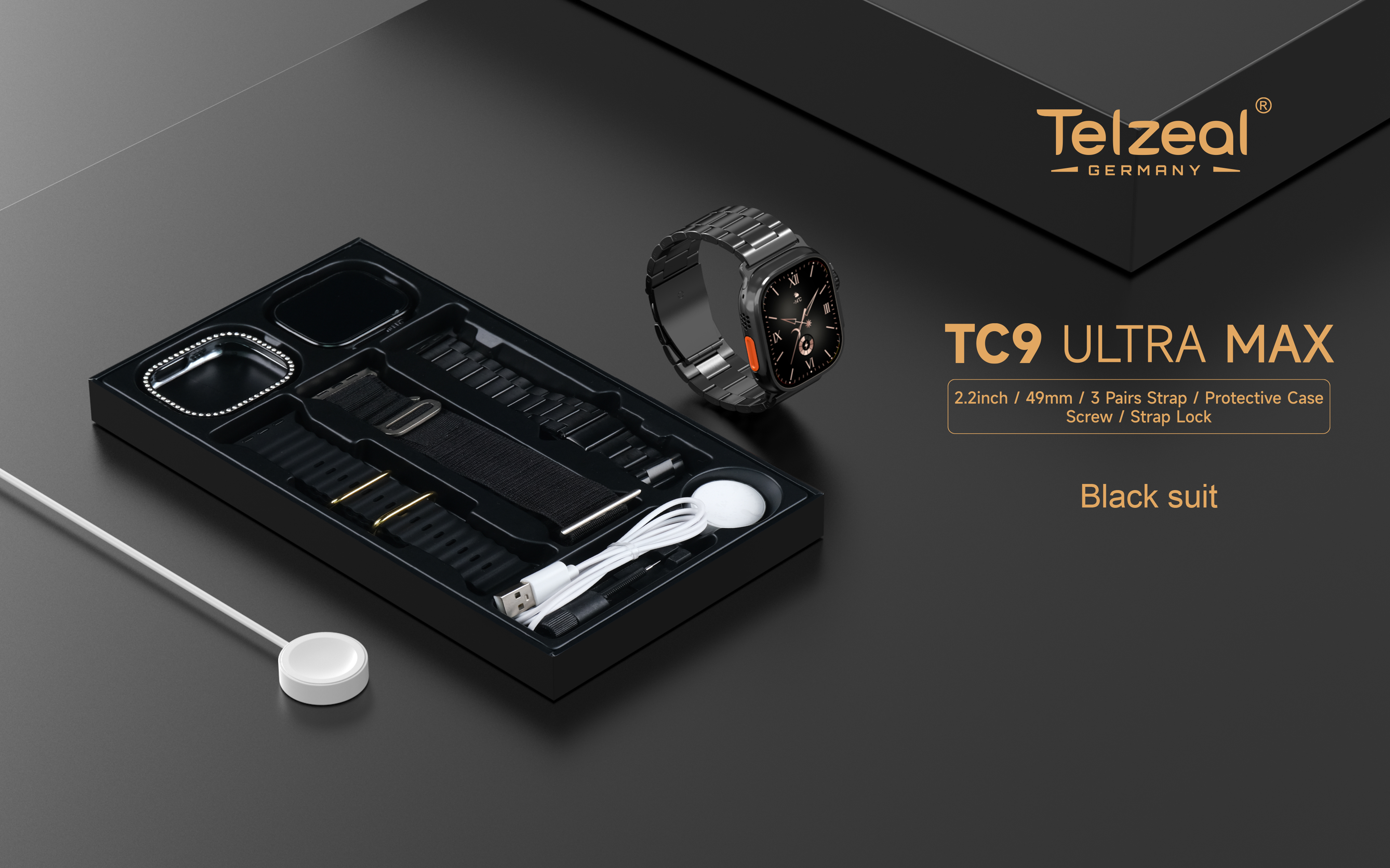 Telzeal TC9 Ultra Max Smart Watch Golden Edition : 3 Straps in 1
